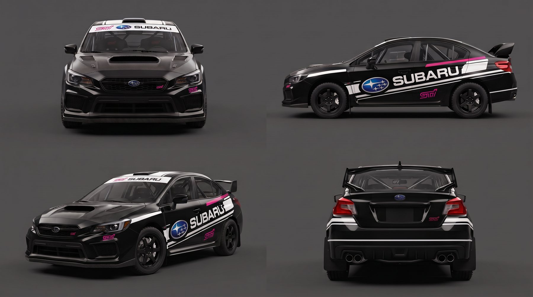 Four-view render of the planned black rally-liveried Subaru WRX STI